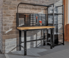 Werkbank 150 cm met gatenwand, gereedschap, LED verlichting